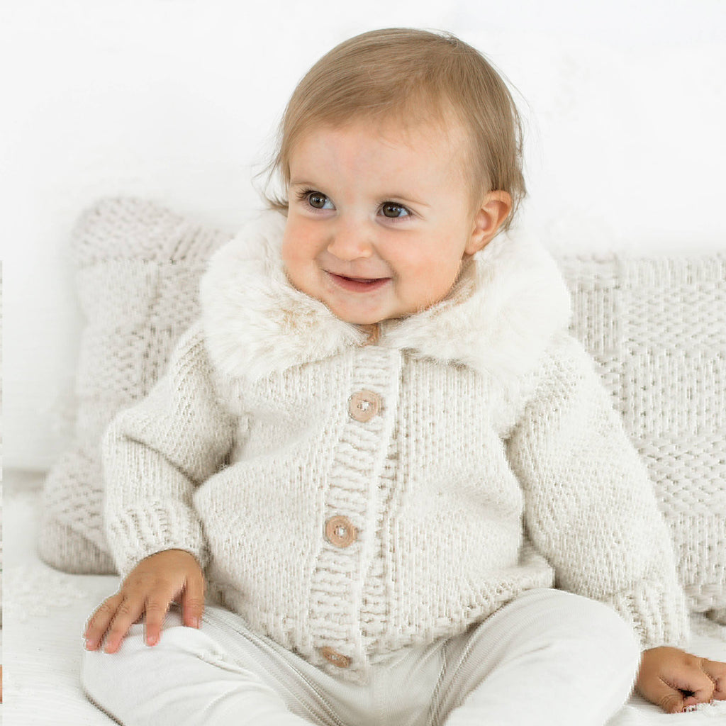 Huggalugs - Fur Collar Natural Cardigan Sweater Baby & Toddler