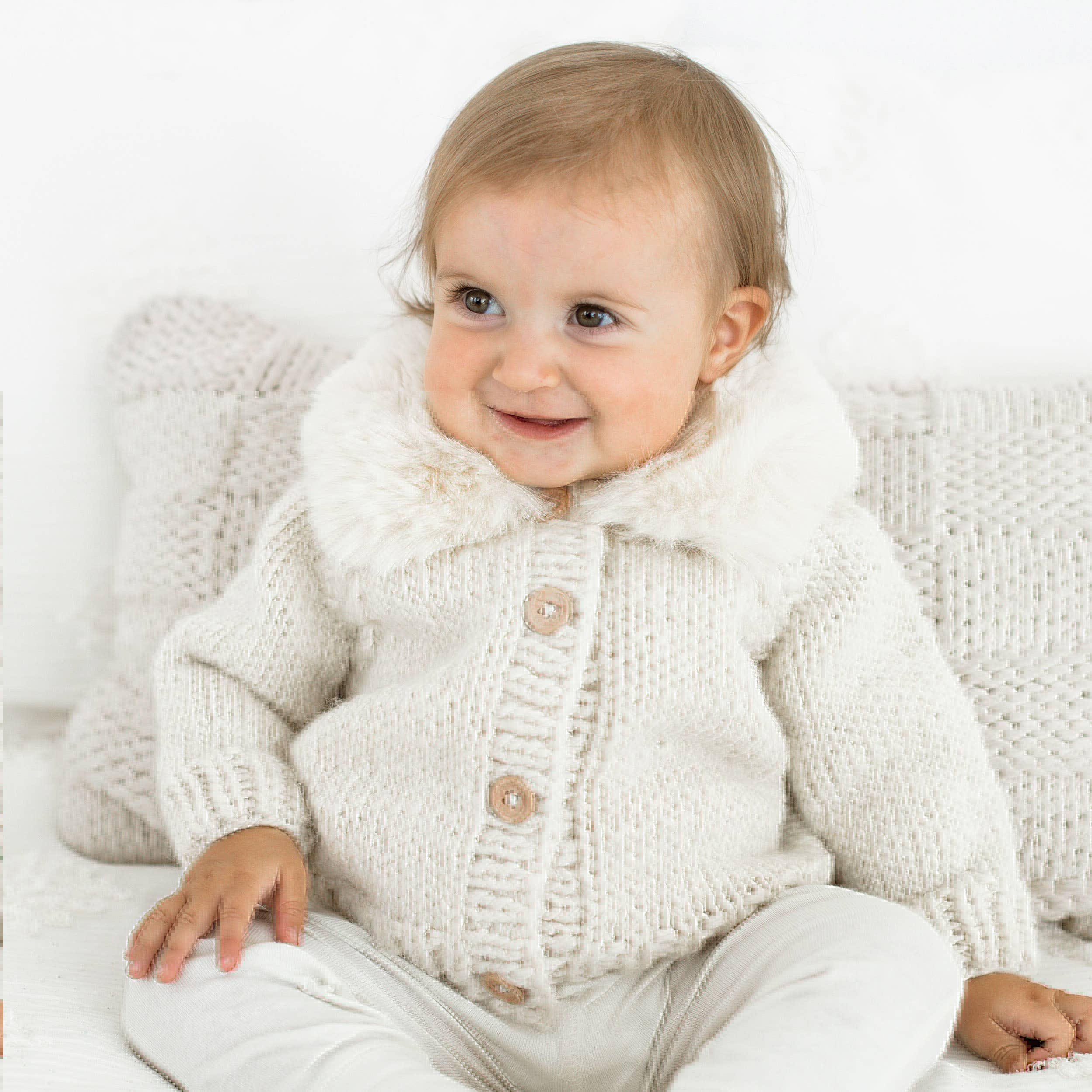 Huggalugs - Fur Collar Natural Cardigan Sweater Baby & Toddler
