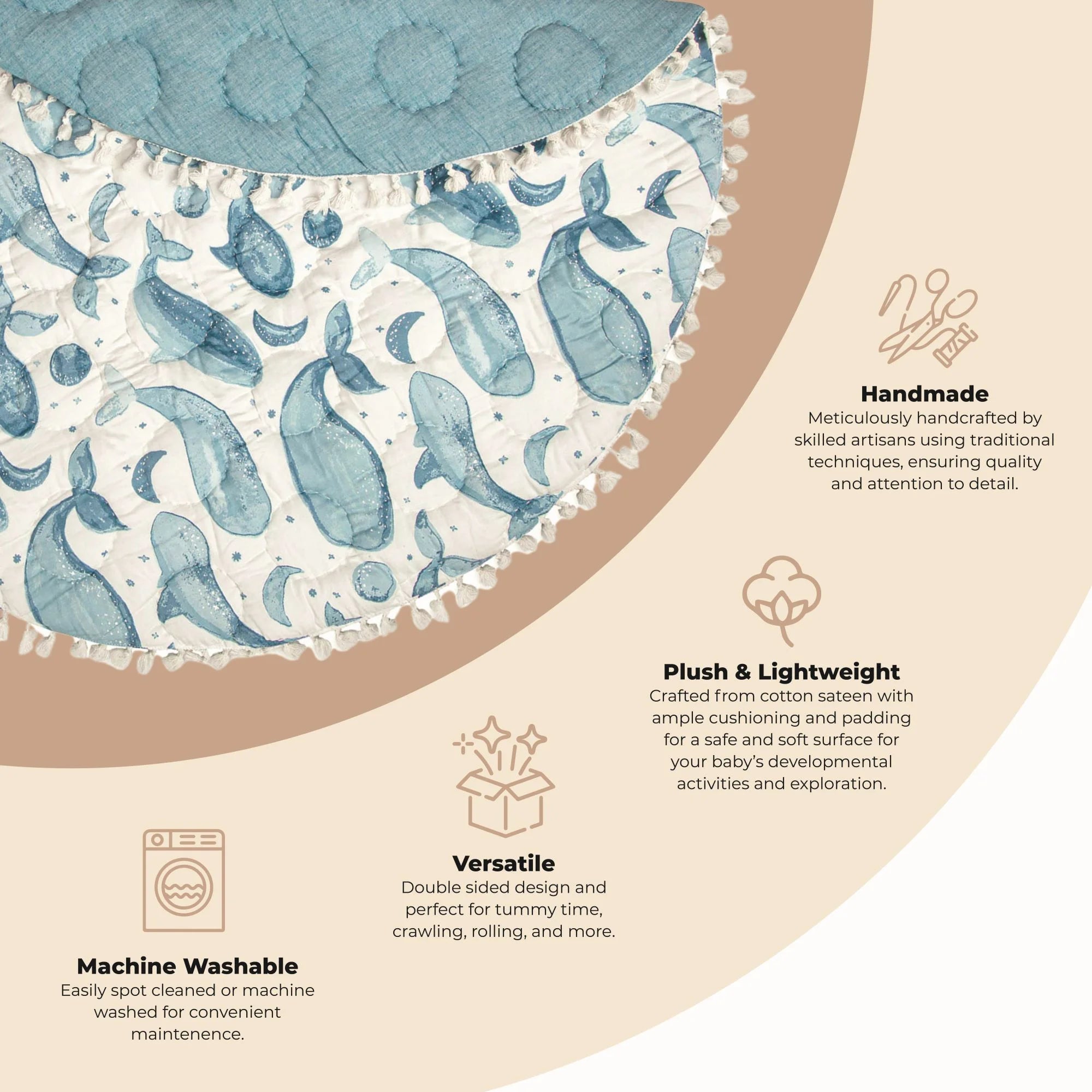 Delightful Whale Print Activity Mat for Infants - 40" x 40" Reversible Play Mat for Tummy Time and Playtime