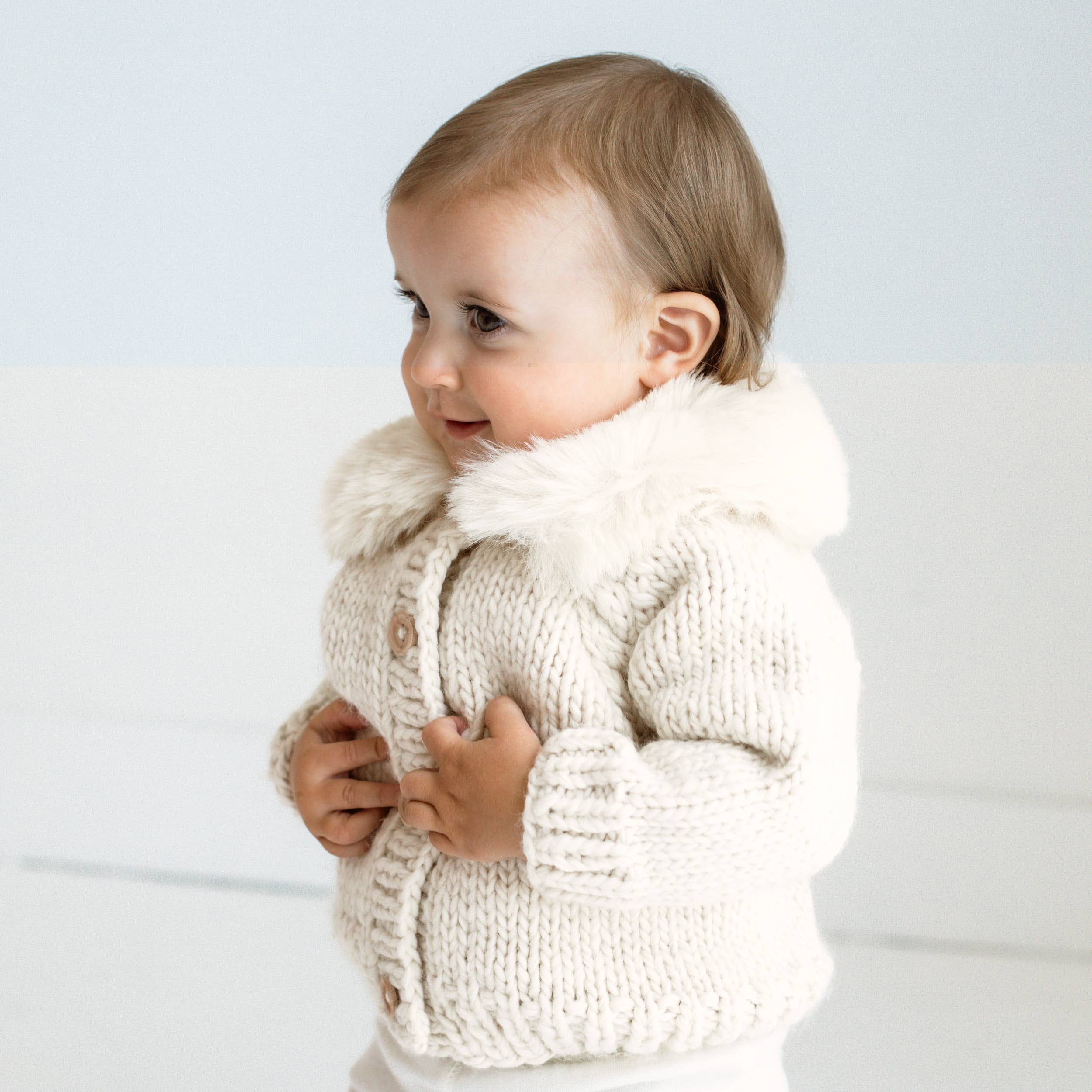 Huggalugs - Fur Collar Natural Cardigan Sweater Baby & Toddler