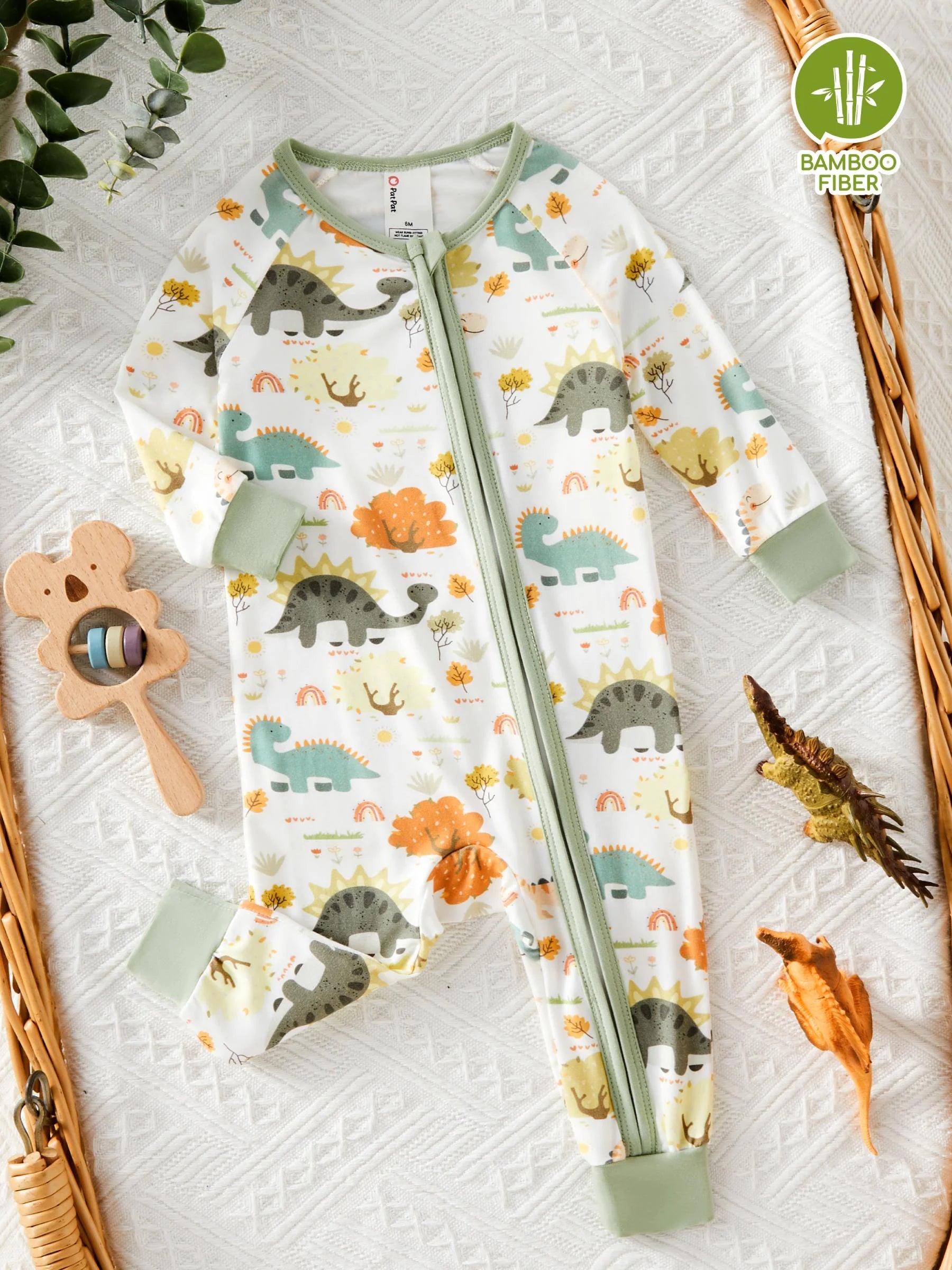 Cozy Dinosaur Print Bamboo Pajamas for Newborns - Footless Zip-Up Sleep N Play for Boys and Girls (3-6 Months)